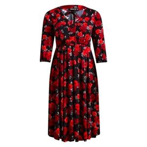 TORRID Plus Size tea length V-neck 3/4 sleeve rose print detail dress w/pockets